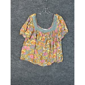 Rusttydustty Womens Bohemian Floral Blouse Top Sz 0XL Hippie Square Neck Peasant